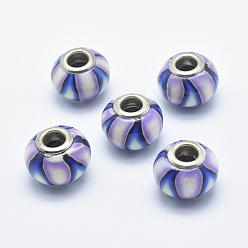 Medium Purple Handmade Polymer Clay European Beads, with Silver Color Plated Brass Cores, Large Hole Beads, Rondelle with Flower Pattern, Medium Purple, 13~16x8~11mm, Hole: 4.5~5mm