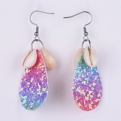 Colorful PU Leather Dangle Earrings, with Cowrie Shell Beads and 316 Surgical Stainless Steel Earring Hooks, teardrop, Colorful, 63mm, Pin: 0.6mm