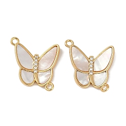 Настоящее золото 18K Латунные прозрачные кубические цирконии паве натуральные ракушки бабочка соединительные подвески, без кадмия, без никеля и без свинца, реальный 18 k позолоченный, 21.5x17x3 мм, отверстие : 1.6 мм