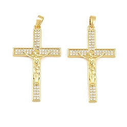 Real 18K Gold Plated Easter Brass Micro Pave Clear Cubic Zirconia Pendants, Crucifix Charms, Real 18K Gold Plated, 37x22x2mm, Hole: 4.5x2mm