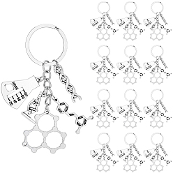 Argent Antique 20Porte-clés en alliage sur le thème de la chimie, avec porte-clés fendus, Chimie, molécule, atome et microscope, argent antique, 84mm