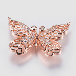 Rose Gold Brass Micro Pave Cubic Zirconia Pendants, Butterfly, Rose Gold, 19x26x2.5mm, Hole: 0.6mm