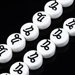 Capricorn Handmade Porcelain Ceramic Beads Strands, Printed, Flat Round with Constellation, Capricorn, 10~11x5mm, Hole: 2mm, about 30pcs/strand, 11.81 inches(30cm)