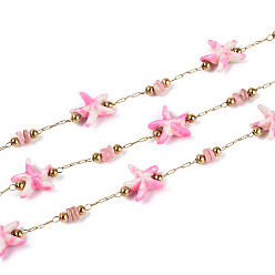 Ярко-Розовый Ручная работа 316 цепочки из нержавеющей стали в форме морской звезды, с синтетической бирюзой, ракушками и бусинами из нержавеющей стали, пайки, с катушкой, реальный 18 k позолоченный, ионное покрытие (ip), ярко-розовый, 10x9~9.5x4 мм, около 16.40 футов (5 м) / рулон