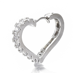 Echt platiniert Messing Micro Pave klare Zirkonia Huggie Creolen, Nickel frei, Herz, Echt platiniert, 20x28x3 mm, Stift: 1x1 mm