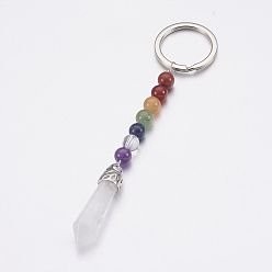 Quartz Crystal Natural Quartz Crystal Chakra Pointed Keychain, with Mixed Stone and Platinum Plated Brass Key Findings, Bullet, 107~110mm, Ring: 24x2mm