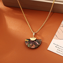 Camel Dyed Natural Paua Shell Fan Shaped PEndant Brass Rope Chain Necklaces for Women, Golden, Camel, 16.54 inch(42cm)