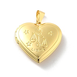 Весы Подвески латуни медальон, без свинца и без кадмия, долговечный, стойки покрытие, реальный 18 k позолоченный, сердце с двенадцатью созвездиями, Весы, 29x28.5x7 мм, отверстие : 7.5x3.5 мм, внутренний диаметр: 20x21 мм