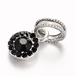 Jet Antique Silver Plated Alloy Rhinestone European Dangle Charms, Flat Round Large Hole Pendants, Jet, 19mm, Hole: 6mm