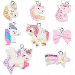 (52) Непрозрачная лаванда 32 шт 8 стили подвески из смолы, с железной платиной петлей, единорог, бантик и радуга, разноцветные, 15.5~26x14.5~28x5.5~7.5 мм, отверстие : 2 мм, 4 шт / стиль