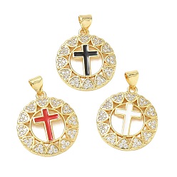 Mixed Color Religion Cross Brass Micro Pave Clear Cubic Zirconia Pendants, Flat Round Charms with Enamel, Lead Free & Cadmium Free, Long-Lasting Plated, Rack Plating, Real 18K Gold Plated, Mixed Color, 22x20x2.5mm, Hole: 5x3.5mm
