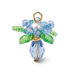 Светло-Голубой Подвески из стекла с круглыми ракушечными жемчужинами и акриловыми подвесками, цветок, Небесно-голубой, 27x22 мм, отверстие : 4x3 мм