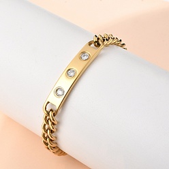 Настоящее золото 18K 304 Браслеты из нержавеющей стали с микропаве из кубического циркония в кубинском стиле, ионное покрытие (ip), реальный 18 k позолоченный, 8.27 дюйм (21 см)