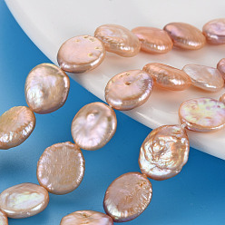 PeachPuff Natural Keshi Pearl Beads Strands, Cultured Freshwater Pearl, Flat Round, PeachPuff, 11~14x11~12x4~5mm, Hole: 0.6mm, about 31~34pcs/strand, 14.57~15.35 inch(37~39cm)