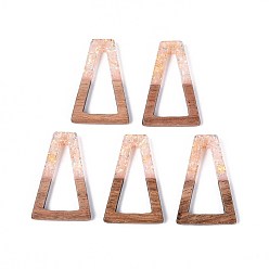 Розовый Подвески из непрозрачной смолы и орехового дерева, трапециевидные подвески, с блестящей пудрой и золотой фольгой, туманная роза, 38x24.5x3 мм, отверстие : 2 мм