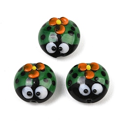 Green Handmade Lampwork Beads, Ladybug, Green, 14.5x15x10mm, Hole: 1.8mm
