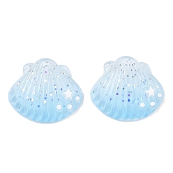 Sky Blue Opaque Resin & Paillette Cabochons, Shell Shape, Sky Blue, 29x32x7.5mm