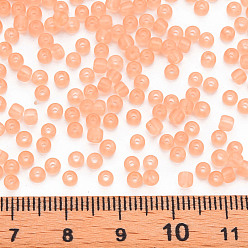 Salmón Claro 8/0 transparentes perlas de cristal de la semilla, agujero redondo, colores esmerilado, rondo, salmón claro, 3~4x2~3 mm, agujero: 0.8 mm, sobre 15000 unidades / libra
