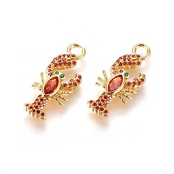 Золотой Латунные микро проложить кубического циркония подвески, омар, оранжево-красный, золотые, 23.5x10x3 мм, отверстие : 3 мм