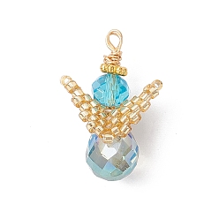 Темно-Голубой Стеклянные подвески, ангел, со стеклянным бисером и медной проволокой, граненые, глубокое синее небо, 22x15x11 мм, отверстие : 1.8 мм