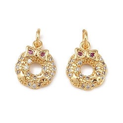 Christmas Wreath Рождественские латунные микропаве подвески из фианита, с целью перехода в кольце, без свинца и без кадмия, долговечный, стойки покрытие, реальный 18 k позолоченный, Рождественский венок, 11x9x2 мм, отверстие : 2 мм