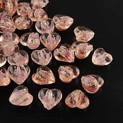 Темный Лосось Ручной светящихся внутренний цветок Lampwork бисер, сердце, темный лосось, 15~16x15~16x9~10 мм, отверстие : 1~2 мм