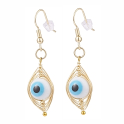 White Round Lampwork Evil Eye Braided Dangle Earrings, Brass Wire Wrap Jewelry for Women, Golden, White, 46~47mm, Pin: 0.8mm