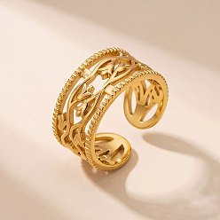 Golden 304 Stainless Steel Hollow Flower Cuff Open Rings for Women, Golden, US Size 4 1/4(15~20mm)