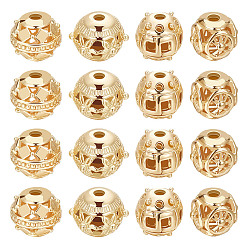 Настоящее золото 18K 32 шт 4 стиль полые шарики из сплава, круглые, без кадмия и без свинца, реальный 18 k позолоченный, 8~9.5x7~8 мм, отверстие : 1.5~2 мм, 8 шт / стиль