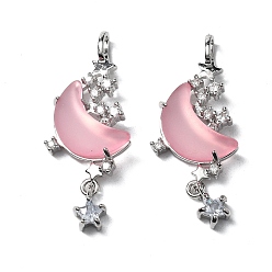 Pink Латунный микропаве кубический цирконий с подвесками из смолы, без кадмия, без никеля и без свинца, звезда и луна, платина, розовые, 33x13.5x4.5 мм, отверстие : 4x2.5 мм