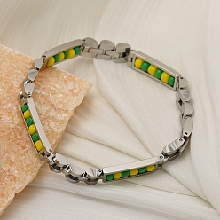 Stainless Steel Color 304 Stainless Steel & Plastic Beads Rectangle Link Chain Bracelets for Men, Green and Yellow, Stainless Steel Color, 8.27 inch(21cm)