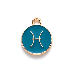 Pisces Alloy Enamel Pendants, Cadmium Free & Lead Free, Flat Round with Constellation, Light Gold, Dark Cyan, Pisces, 22x18x2mm, Hole: 1.5mm