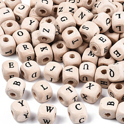 Античный Белый Печатные бусы из натурального дерева, окрашенные, горизонтальное отверстие, куб с начальной буквой, античный белый с черным, старинный белый, 10x10x10 мм, отверстие : 3.5 мм, Около 1000 шт / 500 г