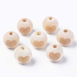 Antique White Unfinished Natural Wood European Beads, Large Hole Beads, for DIY Painting Craft, Laser Engraved Pattern, Round with Heart Pattern, Antique White, 16x14.5mm, Hole: 4mm
