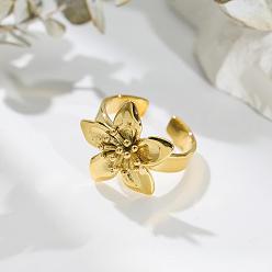 Golden 304 Stainless Steel Cuff Open Rings, Flower, Golden, US Size 7 1/4(17.5mm)
