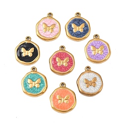 Бабочка 304 нержавеющей стальной эмали подвески, плоско-круглые, золотые, бабочка, 15.5~16.5x13.5x2.5 мм, отверстие : 1.2~1.4 мм