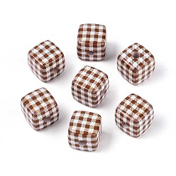 Верблюжий Печатные непрозрачные акриловые бусины, куб с клетчатым узором, верблюжие, 14x14~14.5x14~14.5 мм, отверстие : 3.8 мм