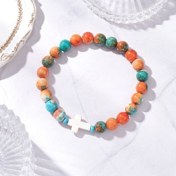 Белый Браслеты из окрашенного синтетического морского белого нефрита и бирюзы с эластичными бусинами для мужчин и женщин, крестик, белые, внутренний диаметр: 2-1/8 дюйм (5.5 см)