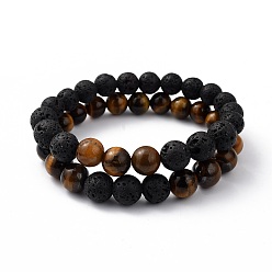 Tiger Eye Natural Tiger Eye & Lava Rock Beaded Stretch Bracelets Sets, Round, Inner Diameter: 2 inch(5.2cm), Beads: 8.5mm and 10.5mm, 2pcs/set