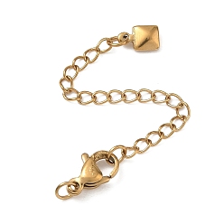 Golden 304 Stainless Steel Curb Chain Extender, End Chains with Lobster Claw Clasps & Square Charms, Ion Plating(IP), Long-Lasting Plated, Golden, 68mm