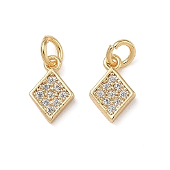 Golden Brass Micro Pave Clear Cubic Zirconia Charms, Rhombus Charms, Golden, 9x6x2mm, Hole: 2.5mm