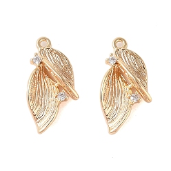 Настоящее золото 18K Латунные подвески с прозрачными стеклянными стразами, лист, реальный 18 k позолоченный, 18x9x4 мм, отверстие : 1 мм