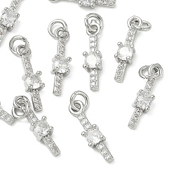 Real Platinum Plated SHEGRACE Brass Micro Pave Cubic Zirconia Pendants, Cadmium Free & Nickel Free & Lead Free, Rectangle Charms, Clear, Real Platinum Plated, 14x3.5x2.5mm, Hole: 2.5mm