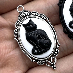 Античное Серебро Тибетском стиле сплава эмали подвески, овал с подвеской в виде кошки, античное серебро, 43x23 мм