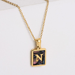 Letter N 304 ожерелья с прямоугольной подвеской из натуральной ракушки пауа из нержавеющей стали для женщин, реальный 18 k позолоченный, Письмо N, 17.72 дюйм (45 см)