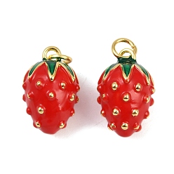 Красный Латунь эмаль подвески, с целью перехода в кольце, без кадмия и без свинца, реальный 18 k позолоченный, клубника прелести, красные, 18x12 мм, отверстие : 3 мм