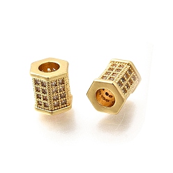 Настоящее золото 18K Стойка покрытие шестигранная латунная микропаве прозрачные кубические циркониевые бусины, долговечные бусины, без свинца и без кадмия, реальный 18 k позолоченный, 10x9x8.5 мм, отверстие : 4.5 мм