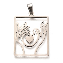 Нержавеющая Сталь Цвет 304 подвески из нержавеющей стали, лазерная резка, прямоугольник с подвеской в виде руки и сердца, цвет нержавеющей стали, 33x24.5x1 мм, отверстие : 7x4 мм