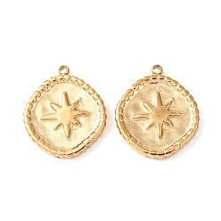 Настоящее золото 24K Ионное покрытие (ip) 316 хирургические подвески из нержавеющей стали, плоский круглый с 8 заостренной звездой, реальный 24 k позолоченный, 17x13.5x2.5 мм, отверстие : 1.6 мм