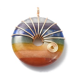 Light Gold Chakra Gemstone Copper Wire Wrapped Pendants, Natural Mixed Stone Donut Charms, Light Gold, 36x30.5x8mm, Hole: 3mm